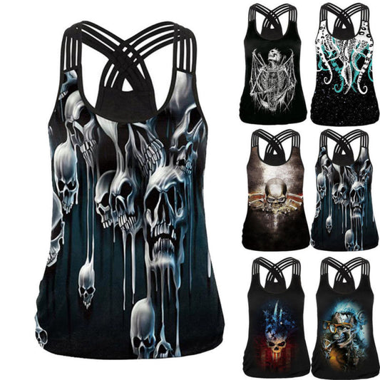 Summer Women's Gothic Animal Tank Tops Sexy Hollow Out 3D Skull Print T-Shirts