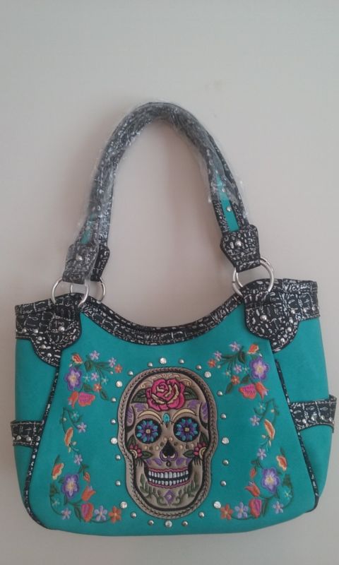 SUGAR SKULL CONCEALED CARRY HANDBAG PURSE BLUE COME WITH 2 FREE GIFTS - SKULL HAT AND A BRACELET