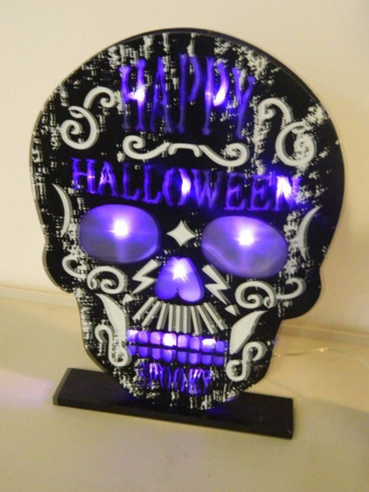 12" Light Up Happy Halloween Spooky Wood Table Top Sugar Skull Sign Decoration