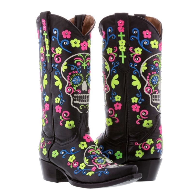 Womens Black Sugar Skull Halloween Leather Boots Western Cowgirl Style Snip Toe
