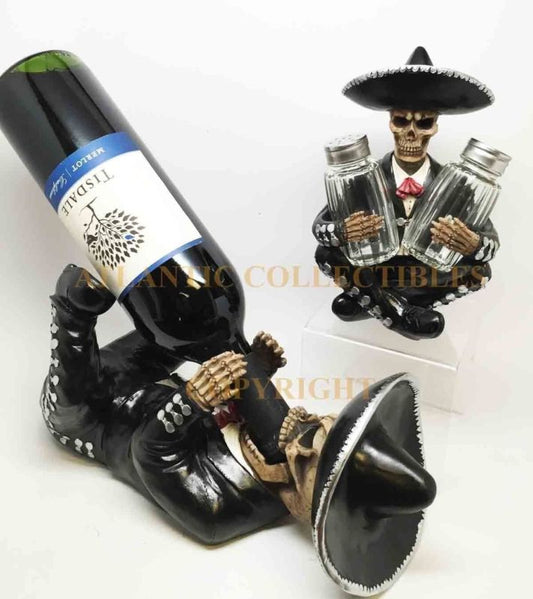 Mariachi Skeleton Skull Wine Bottle Holder and Salt Pepper Shaker Set Home Decor