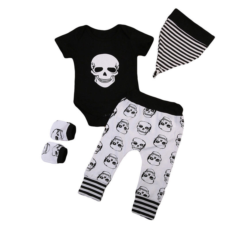 Newborn Infant Kids Baby Boy Skull Outfits Clothes Tops+Long Pants Hat 4pcs Set