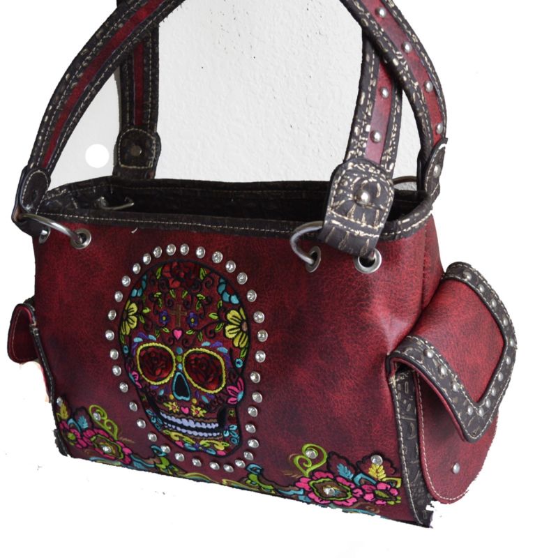 Red burgundy embroidery sugar skull day of the dead handbag shoulder purse bag