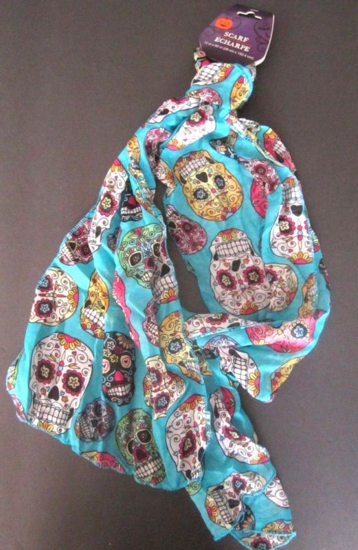 NEW Sugar Skull Womens Fashion Scarf Teal Multicolored Lgt Wgt Fabric 11" x 60"