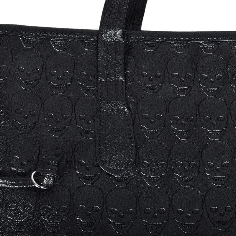 Gothic Skull Embossed Black Synthetic Leather Shoulder Bag Women Mens Handbag