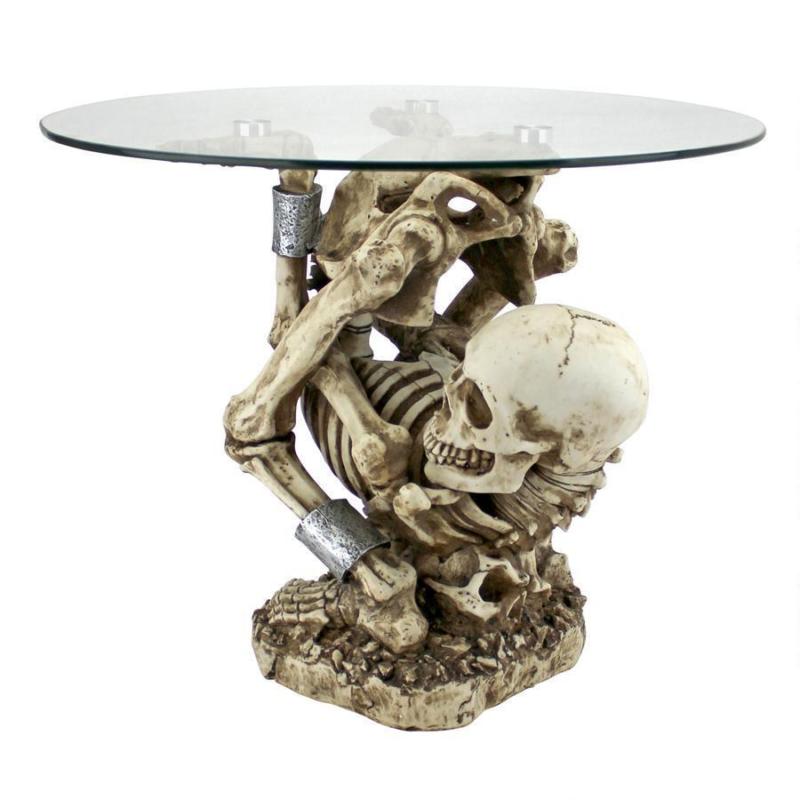 Skull Skeleton Bones Unique Furniture Glass Top Pedestal Side Table Gothic Decor