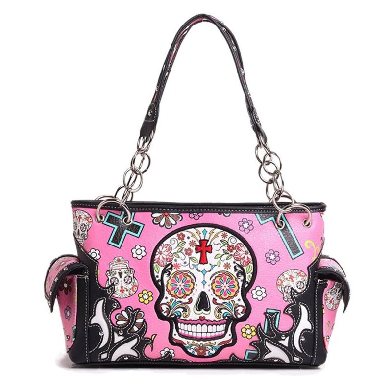 Cowgirl Trendy Western Concealed Carry Cross Sugar Skull Art Purse Handbag Bag