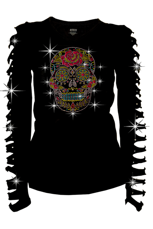 Sweet Gisele Sugar Skull V-Neck T Shirt Day of The Dead Rhinestones Bling for Women Black,Large,Black