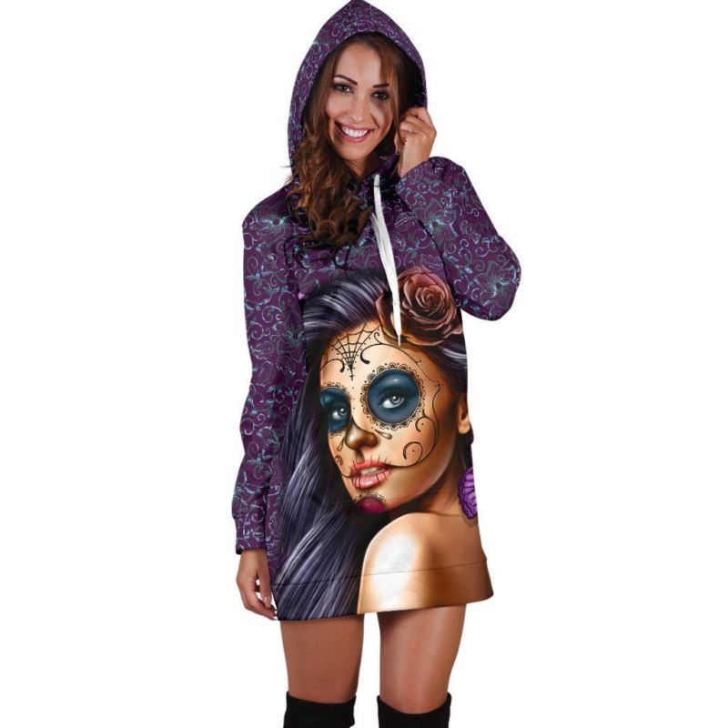 Calavera Violet Skull Women Hoddie Dress