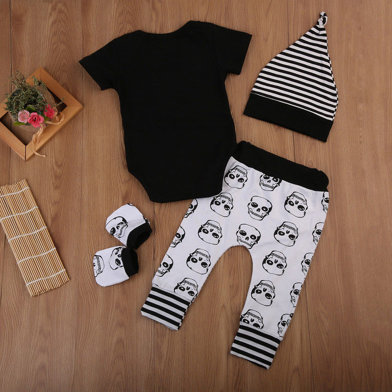 Newborn Infant Kids Baby Boy Skull Outfits Clothes Tops+Long Pants Hat 4pcs Set