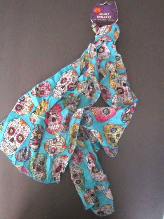 NEW Sugar Skull Womens Fashion Scarf Teal Multicolored Lgt Wgt Fabric 11" x 60"