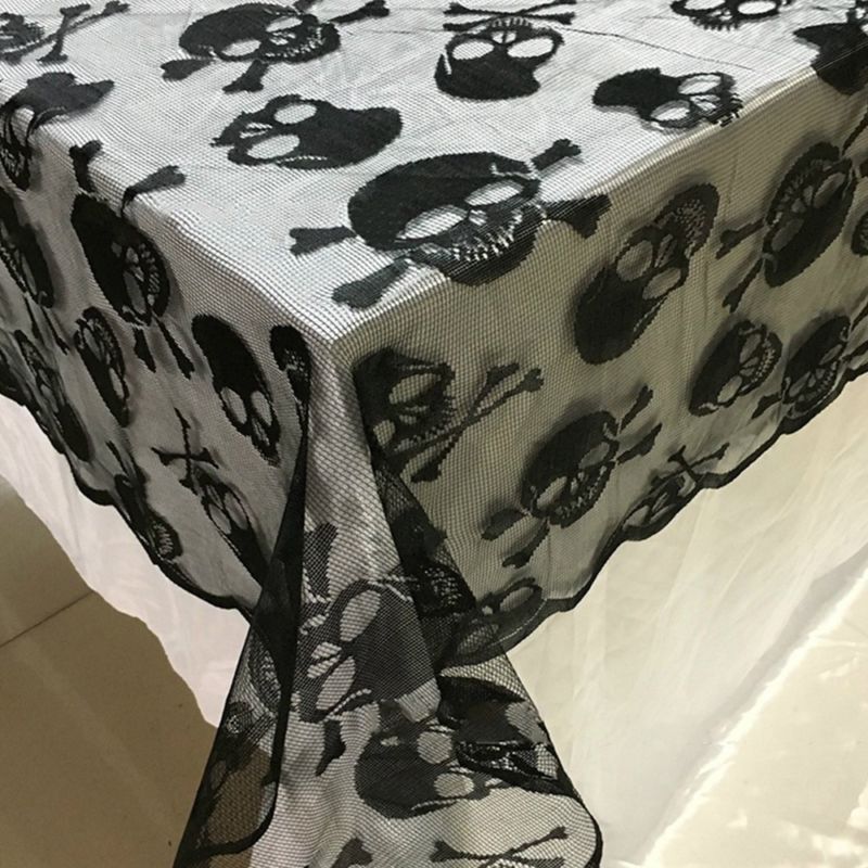 Skull Round Tablecloth Black Lace Table Cloth Topper Halloween Party Decor 70"