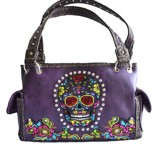 Western purple embroidery sugar skull day of the dead handbag shoulder purse bag