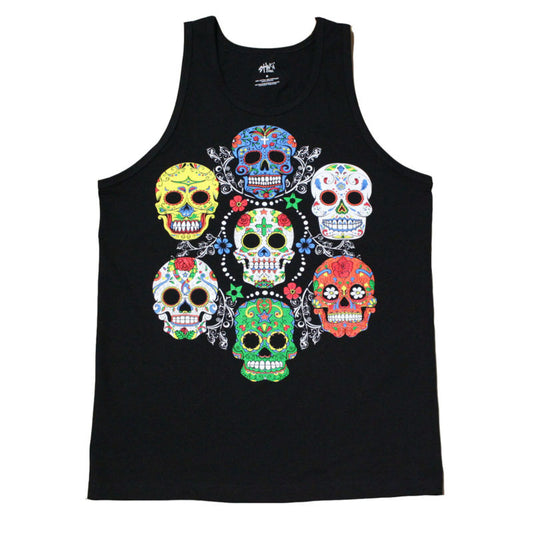 Colorful Sugar Skulls Graphic  Men's Tank Top Shirt Black