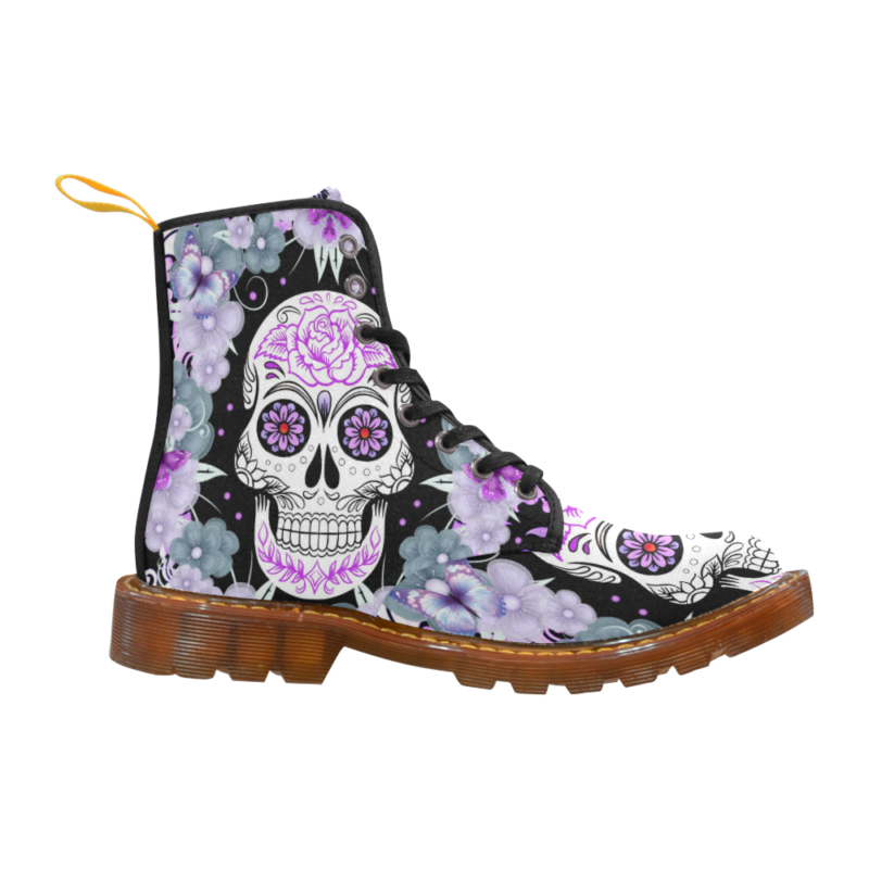 Smile Sugar Skull and Flowers Cool Girl's Canvas Martin Boots for Women