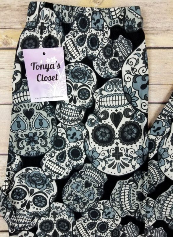 Sugar Skull Leggings Black Base Skulls Skeletons Buttery Soft ONE SIZE OS 2-10