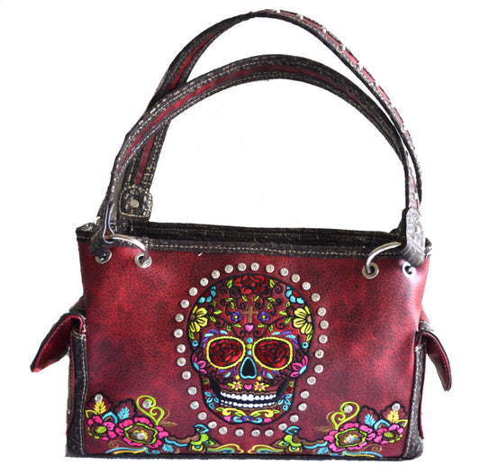 Red burgundy embroidery sugar skull day of the dead handbag shoulder purse bag