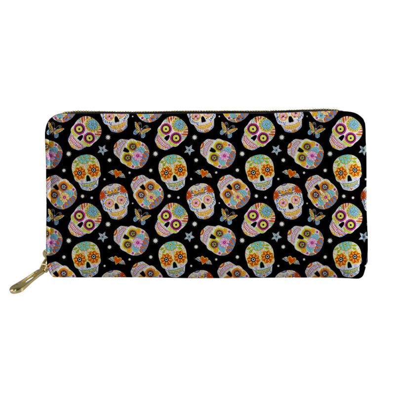 Multicolor Sugar Skull Print Leather Wallet Long Organizer Ladies Clutch Purse