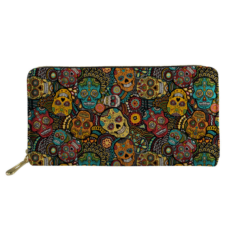 Multicolor Sugar Skull Print Leather Wallet Long Organizer Ladies Clutch Purse