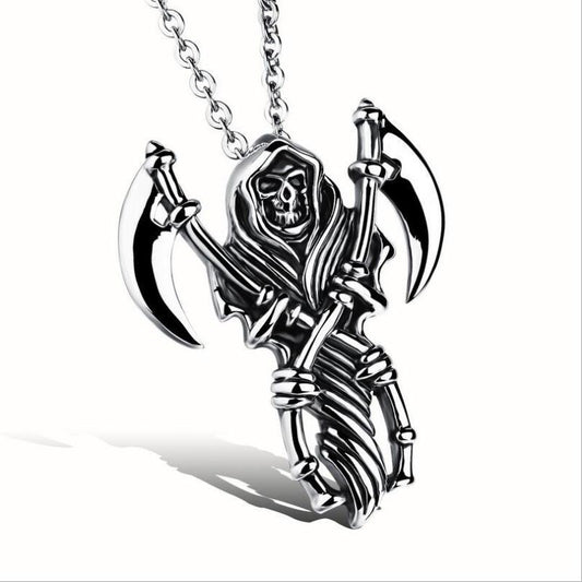 Men's Large Grim Reaper Skull Stainless Steel Biker Pendant Free Chain Necklace