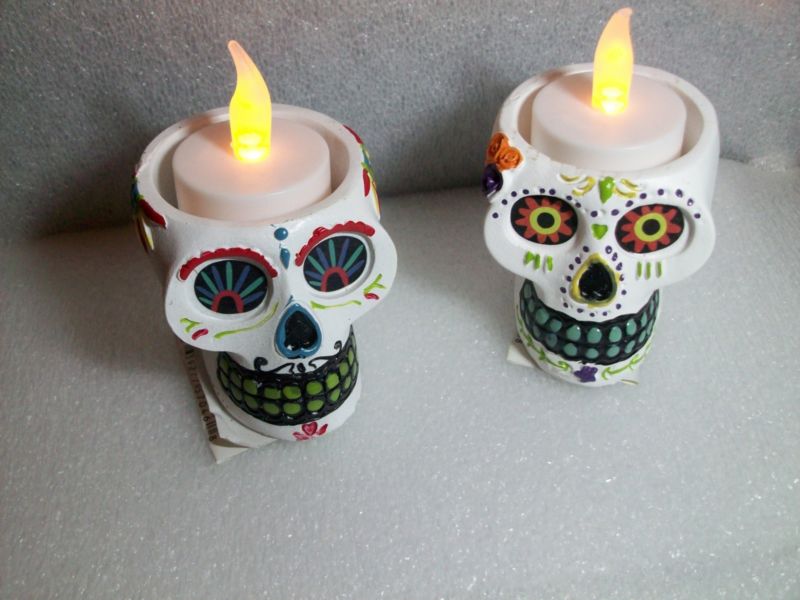 NEW! Set of 2 Sugar Skull - Day of the Dead Tea Light Candle Holders Halloween