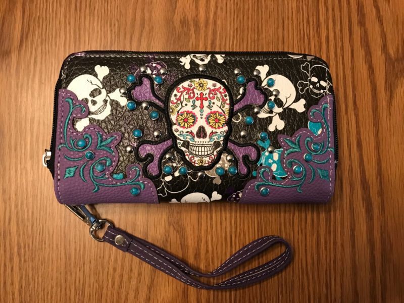 Cowgirl Trendy Western SPECIAL SUGAR SKULL Concealed Carry Handbag/Wallet PURPLE