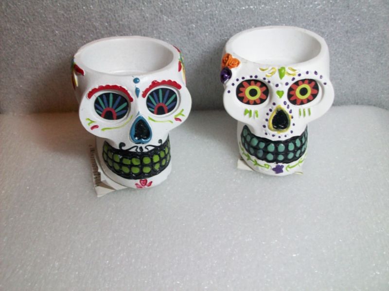 NEW! Set of 2 Sugar Skull - Day of the Dead Tea Light Candle Holders Halloween