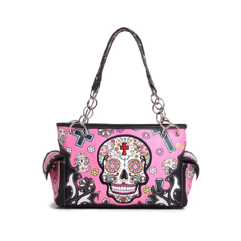 Sugar Skull Purse with Concealed Carry Pocket Day of The Dead Handbag, Fuchsia