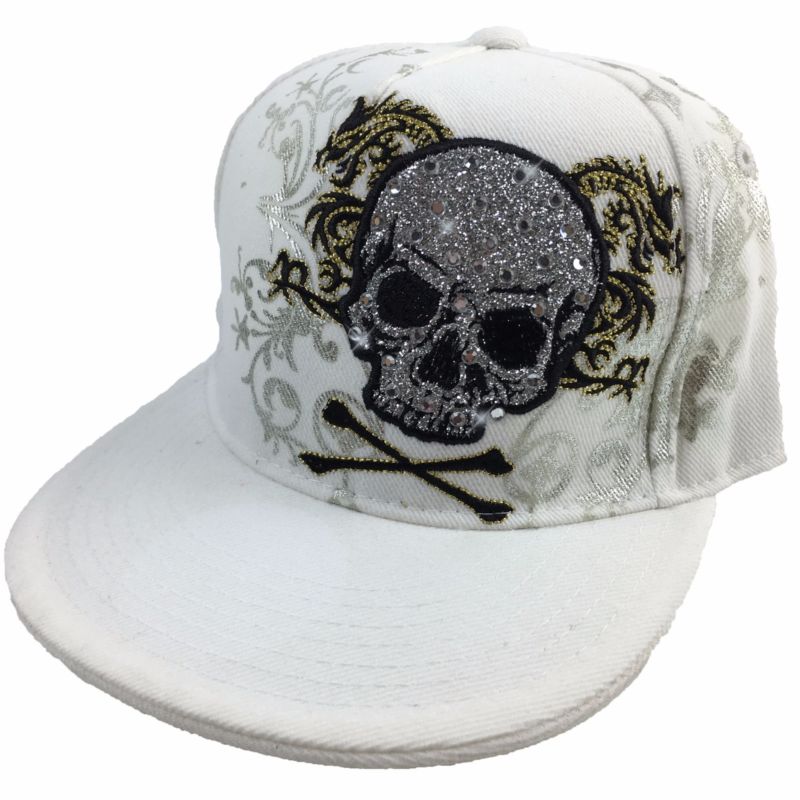Bling Sugar Skull Dragon Embroidered Flat Fitted Sport Hat Cap Bill Red White