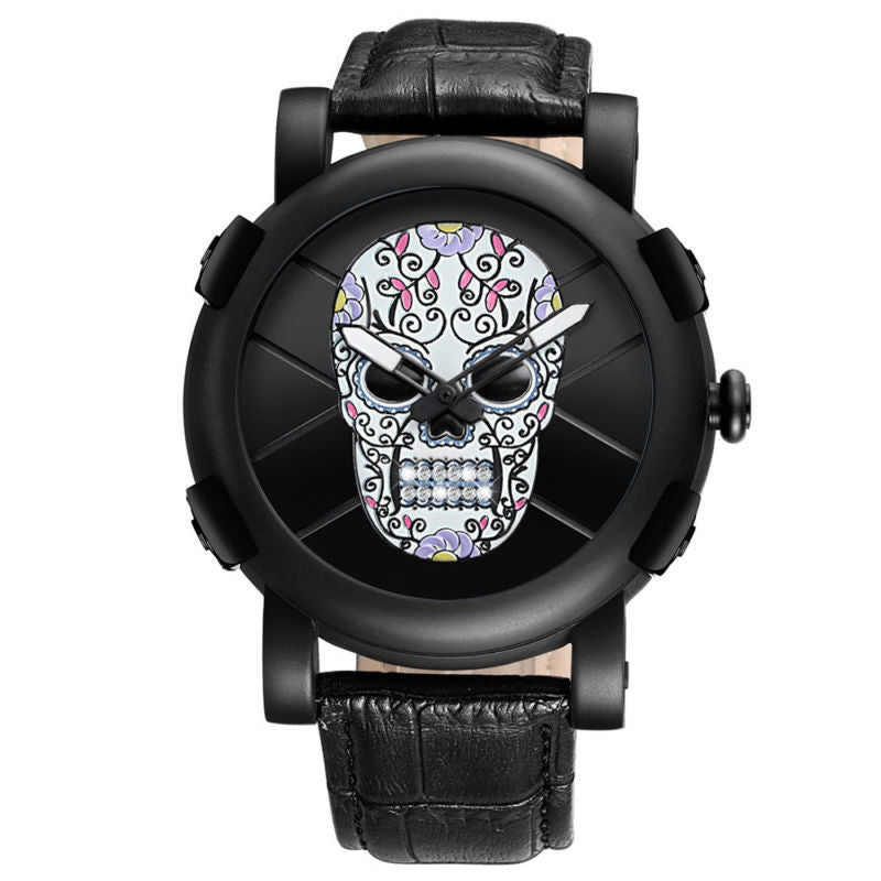 Sugar Skull Watch - Mesh Quartz Watch Genuine Leather Belt