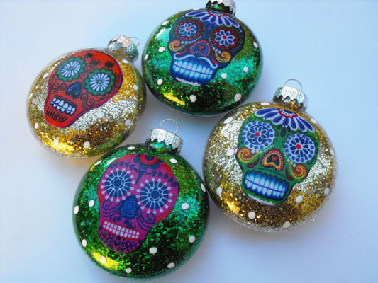Sugar Skulls Decorated Glass Christmas Ornaments - Set of 4