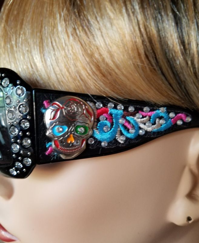 Black Frame Rhinestone Sugar Skull Embroidered Bling  Sunglasses U V 400