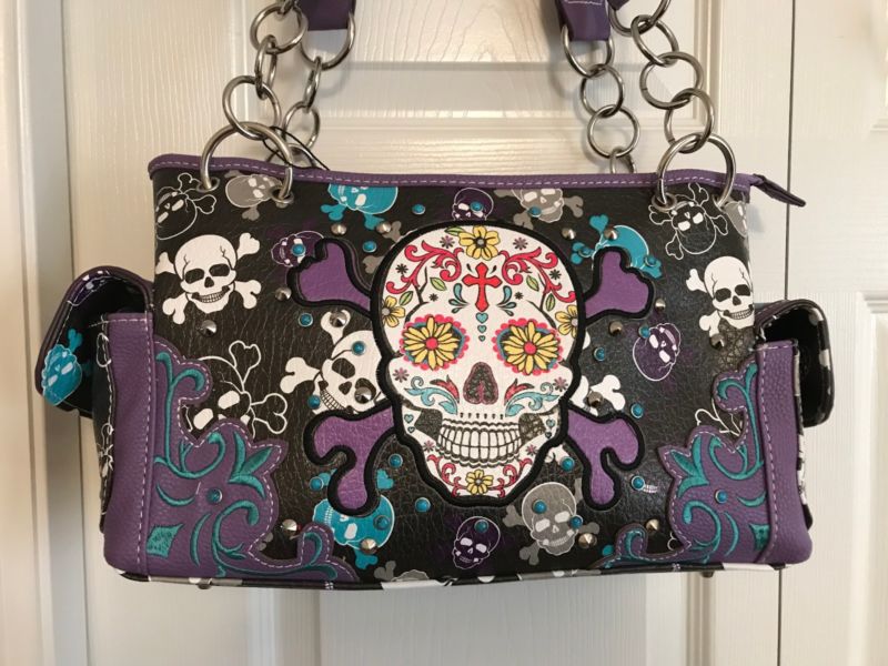 Cowgirl Trendy Western SPECIAL SUGAR SKULL Concealed Carry Handbag/Wallet PURPLE