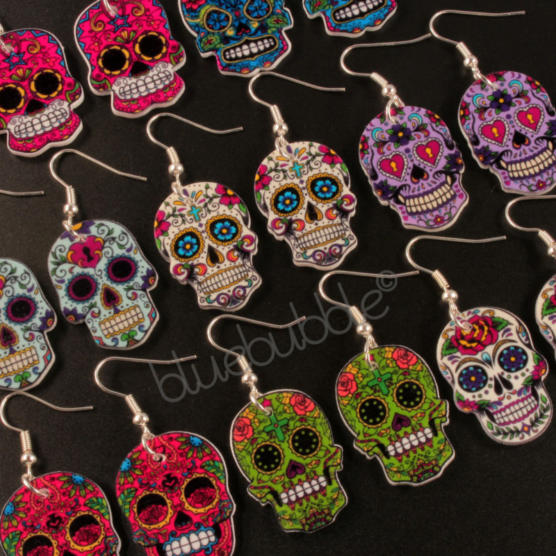 FUNKY MEXICAN SUGAR SKULL EARRINGS HALLOWEEN DAY OF THE DEAD EVIL GOTHIC KITSCH