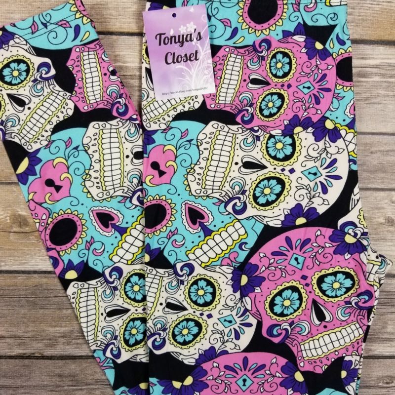 Colorful Candy Sugar Skull Leggings Skeletons Print ONE SIZE OS 2-10