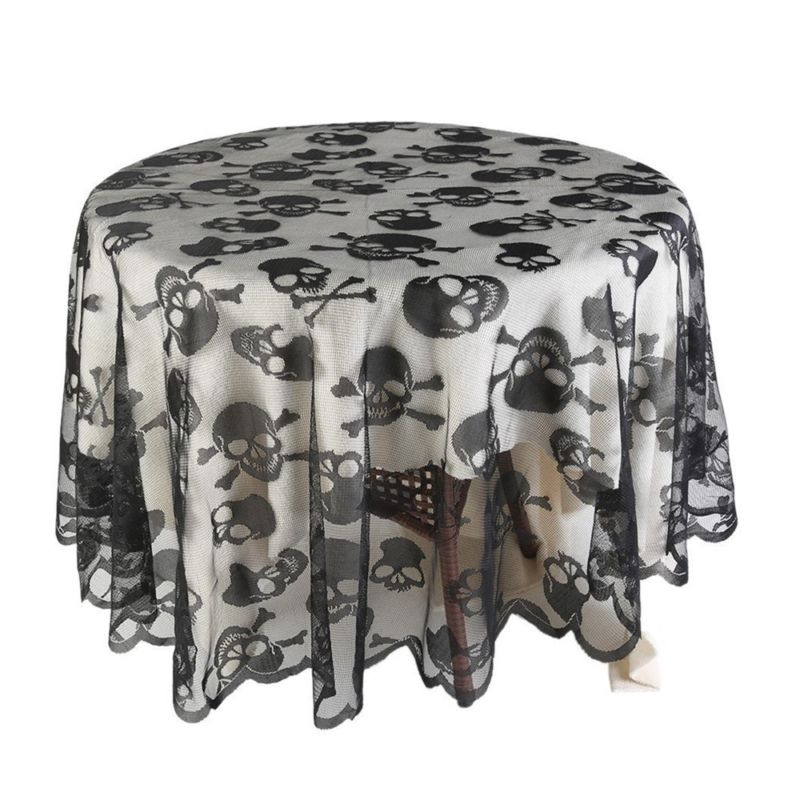 Skull Round Tablecloth Black Lace Table Cloth Topper Halloween Party Decor 70"