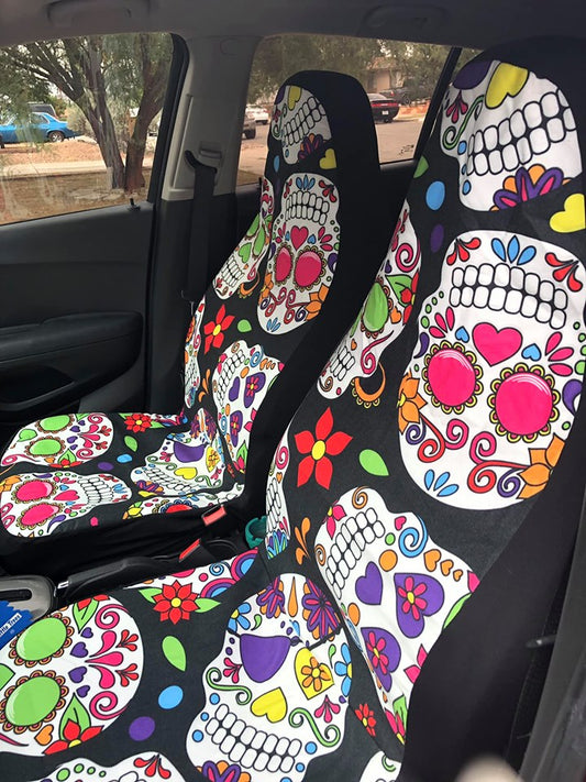 Set of 2 Sugar Skull Fabric Car Seat Covers