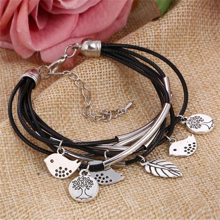 Black/Brown/Beige Colors Multi Layers Leather Bracelet Women Handmade Charm Bangle Mini Birds Pendant Wrist Bracelet