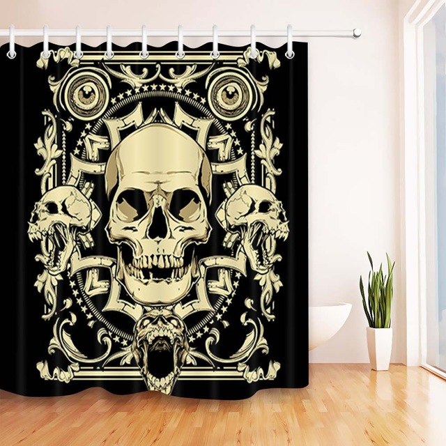 Skull Extra Long Black Shower Curtain And Bath Mat Set