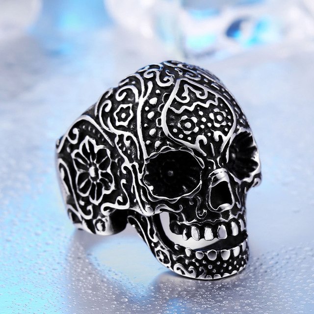 Wholesale Classic Garden Flower Skull Ring For Man Stainless Steel Man's Punk Style Jewelry BR8-071 US Size