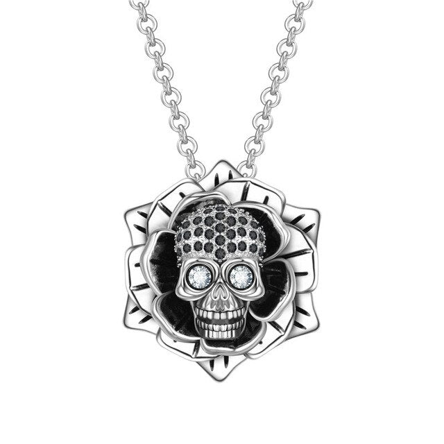 Punk Skull Rose Zircon Crystals Pendant Necklace Black Necklaces Birthday Wedding Gift Jewelry