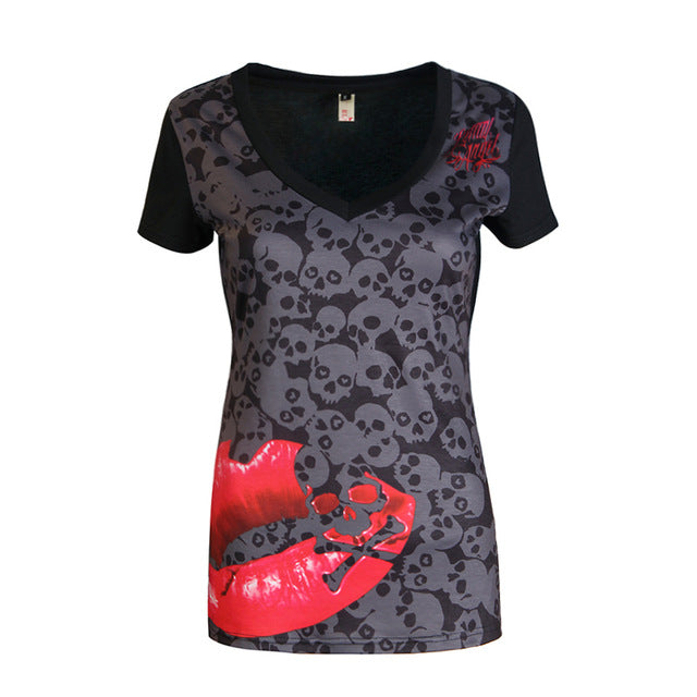 Tops Summer Women'S Fashion Short Sleeve V-Neck Punk Style Skull Print T-Shirt Tee Tops Plus Size S-5XL LJ8593Y