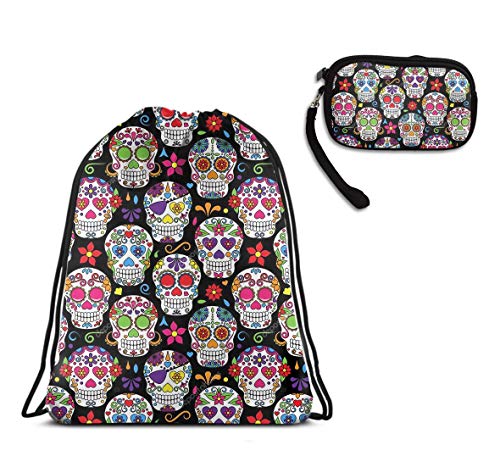 Sport Gym Drawstring Backpack Tote Cinch Sack - Day Of The Dead Sugar Skull Drawstring Rucksack, Large Size Lightweight Waterproof Tote Cinch Sack + Cash Case Handbag