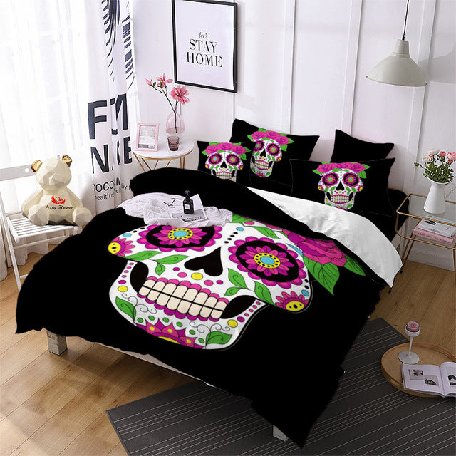 Skull Bedding Set Queen Home Colorful Flower Duvet Cover Set Rose Printed White and Black Bedclothes 3pcs US/AU/RU Size m1825