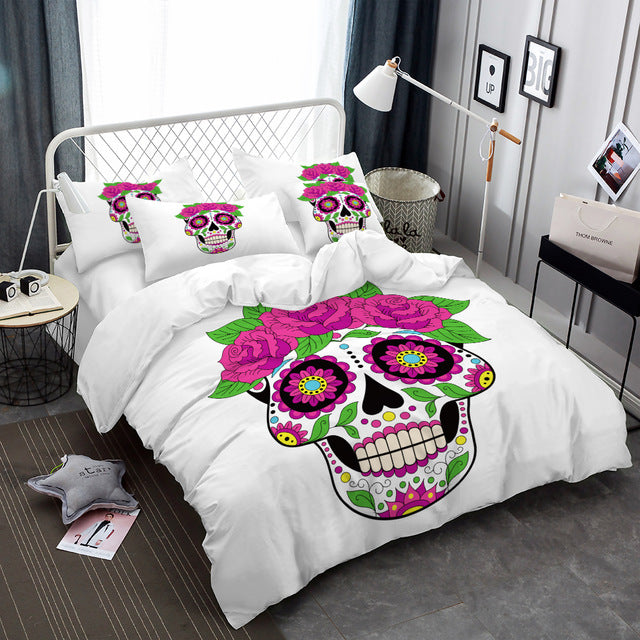 Skull Bedding Set Queen Home Colorful Flower Duvet Cover Set Rose Printed White and Black Bedclothes 3pcs US/AU/RU Size m1825