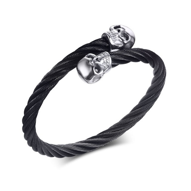 Men's Double Skull Head Cuff Bangle Bracelet Punk Black Twisted Wire Cable Skeleton Stainless Steel Jewelry