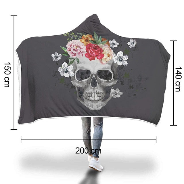 XC USHIO Magic Wearable Hooded Throw Blanket New Fashion Sugar Skull Flower Printed Fleece Fabric Sofa Couch Bed Cover 150*200cm