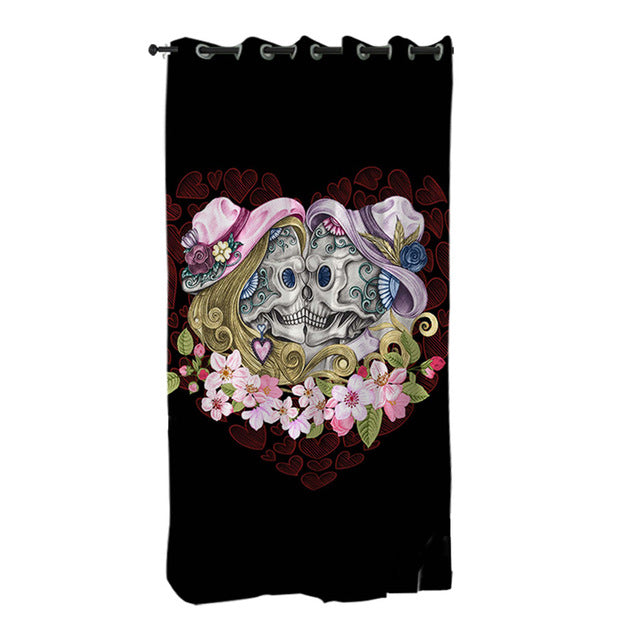 Skull Couples Living Room Curtains Gothic Curtain for Bedroom Pink Flowers Love Window Treatment Drapes