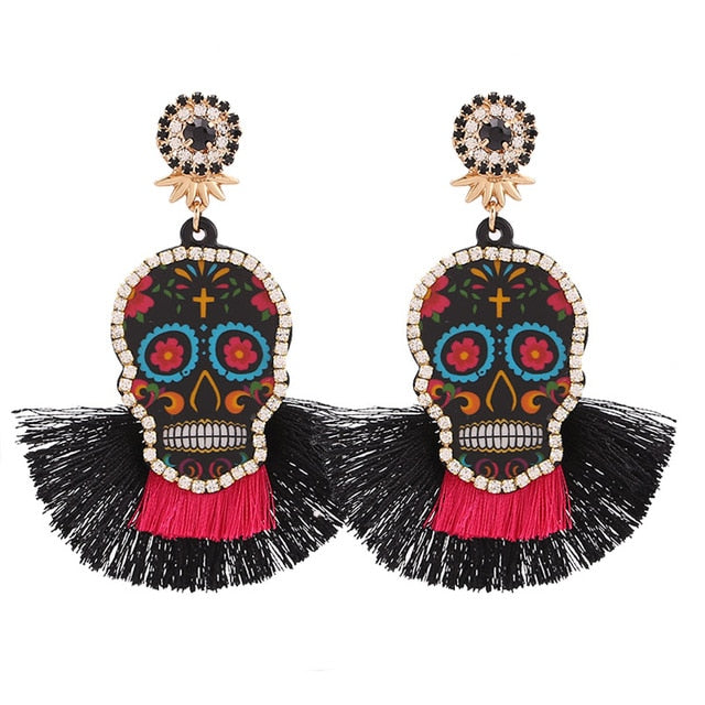 Fashion  Women Multicolored Skull Pendant Fringed Earrings