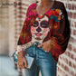 Summer Chiffon Black Women's Blouses Sugar Skull Gothic Top Shirt Sexy V Neack